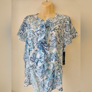 Chaps Denim -Women's Blue and White Floral Top XL 100% Cotton NWT